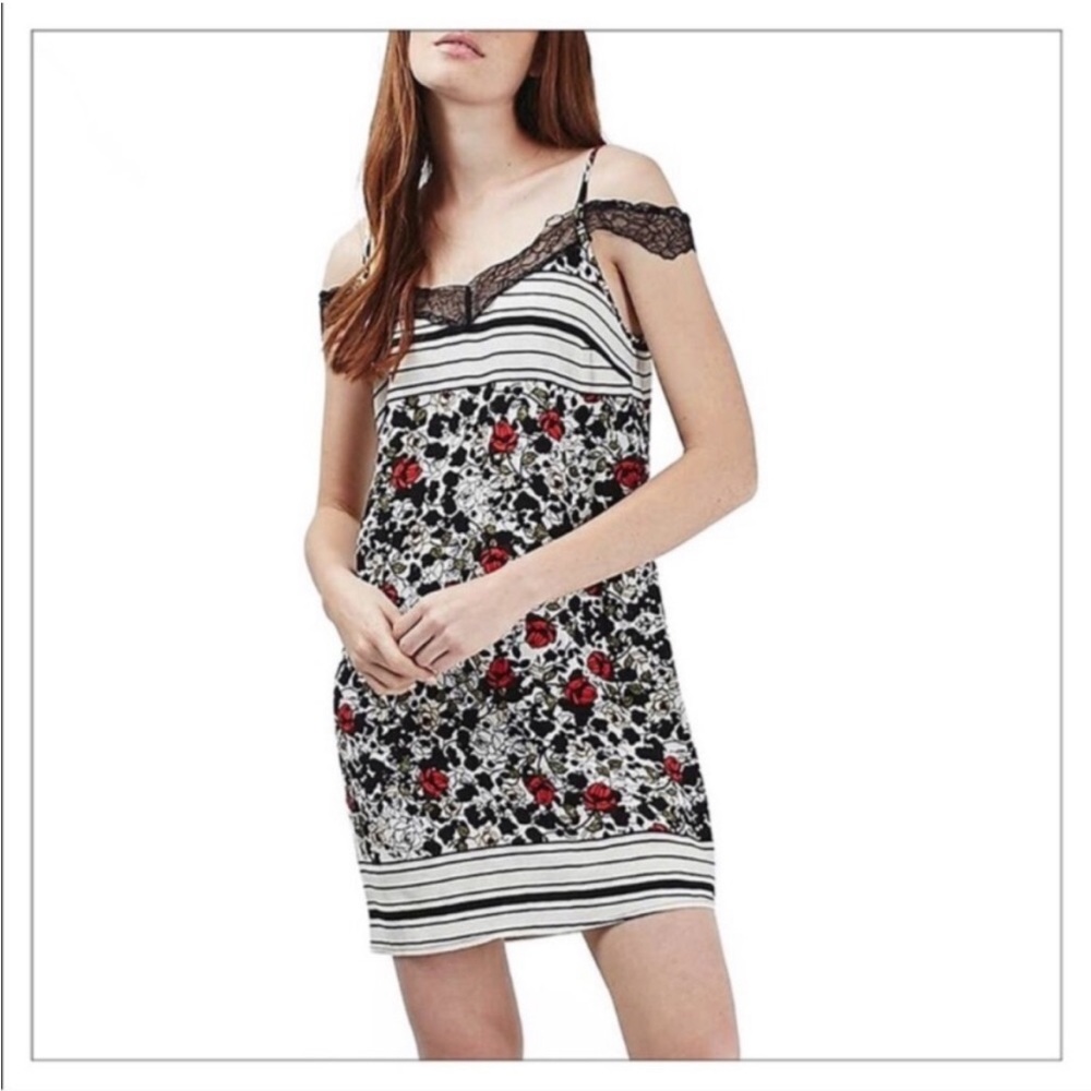 NEW Topshop Floral Flower Lace Cold Shoulder Slip Mini Dress Black White Red 4